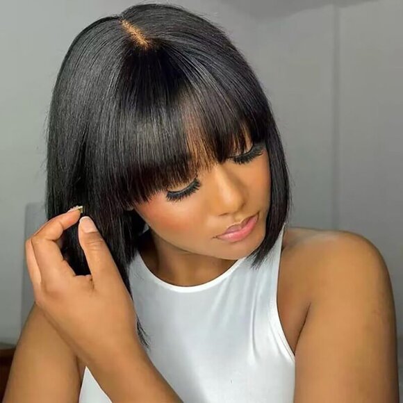 Short Black Human Hair Bob Wigs With Bangs Straight Realistic Scalp  Glueless Non